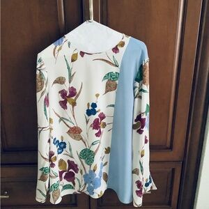 DIANE VON FURSTENBERG FLORAL PRINT SILK BLOUSE WITH ASYMMETRICAL PANEL SZ 14
